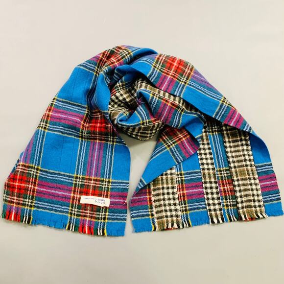 COMME des GARCONS SHIRT BOYS Blue Red Plaid Mixed Patterns Wool Fringe Scarf - Picture 3 of 5